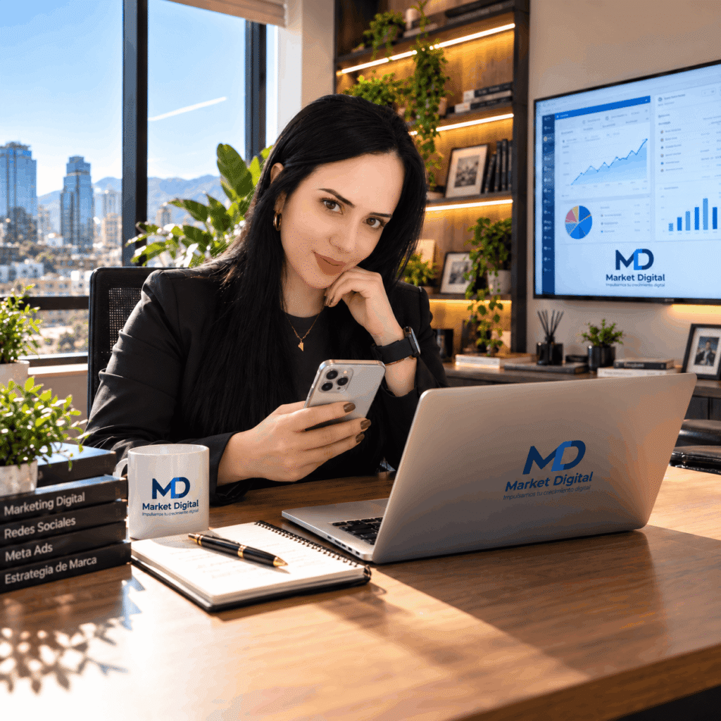 Asesora de Market Digital en oficina moderna atendiendo el contacto de un potencial cliente en Santiago de Chile